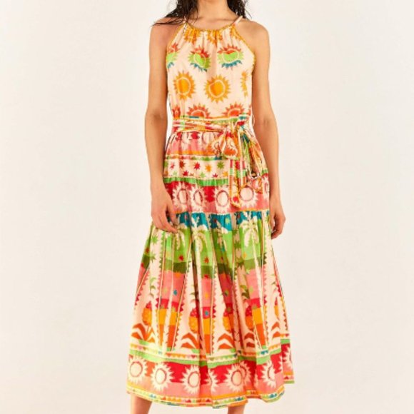 Farm Rio X AnthropologieRainbow Sunset Halter Bow Maxi Dress